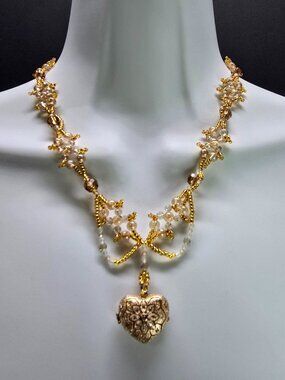 Handcrafted 18k Gold Plated Heart Locket Peach Zircon & Prehnite Beaded Necklace